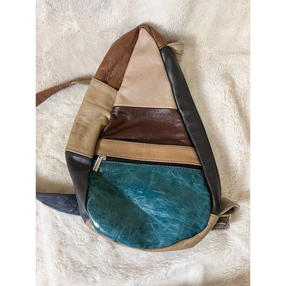 Unmarked Leather Crossbody Patchwork Purse Satchel Red/Lt Brown/Green/Champagne